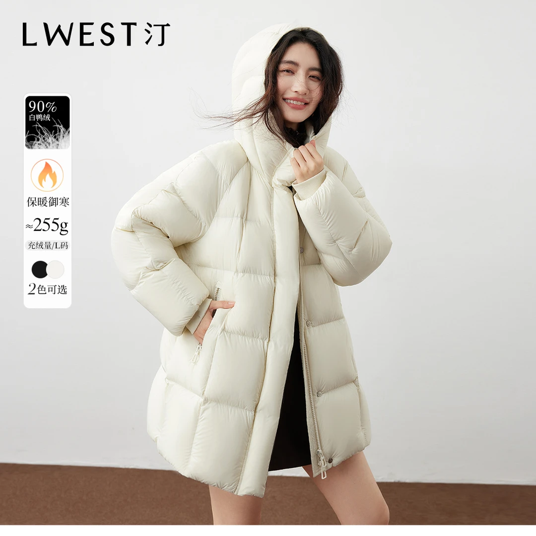 T朗文斯汀连帽羽绒服女2025冬季新款时尚立领宽松白鸭绒保暖外套
