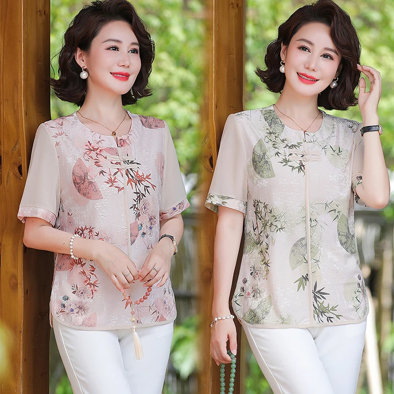 妈妈装夏季新中式国风小衫气质时尚母亲节衣服中老年女装短袖T恤