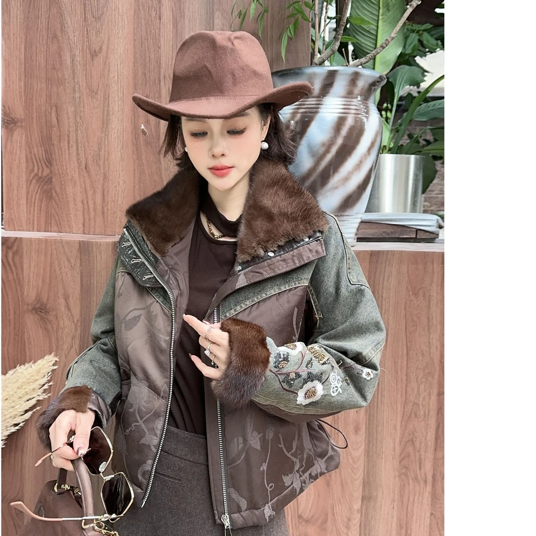 YUANJIE欧货冬新款高级感翻领复古高级感拼皮牛仔鹅绒外套