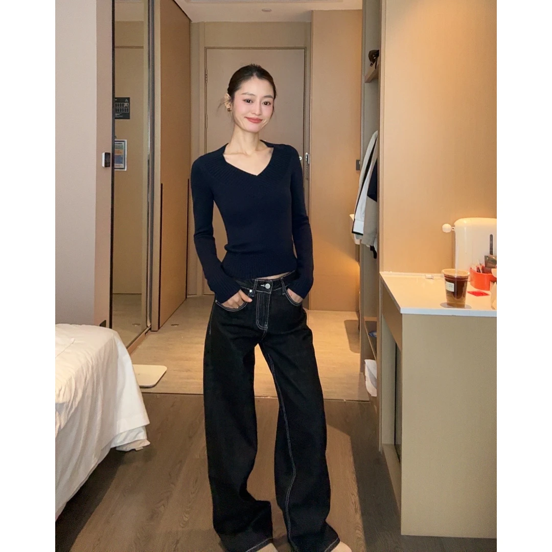 【部分现】2024新款中腰垂感复古赤耳直筒阔腿牛仔裤H60038