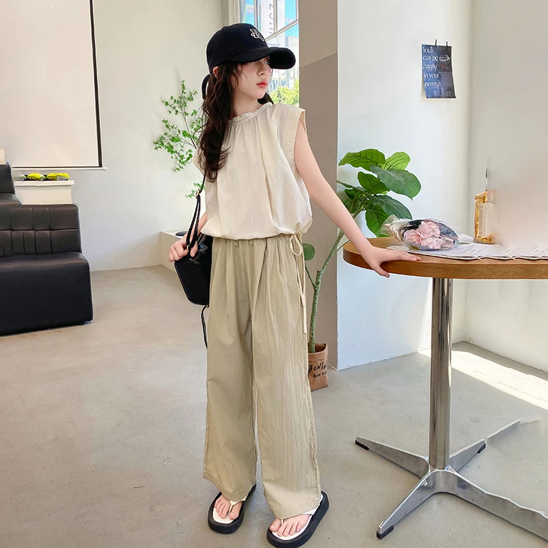 女童夏装套装薄款洋气2025新款韩版儿童网红休闲无袖阔腿裤两件套