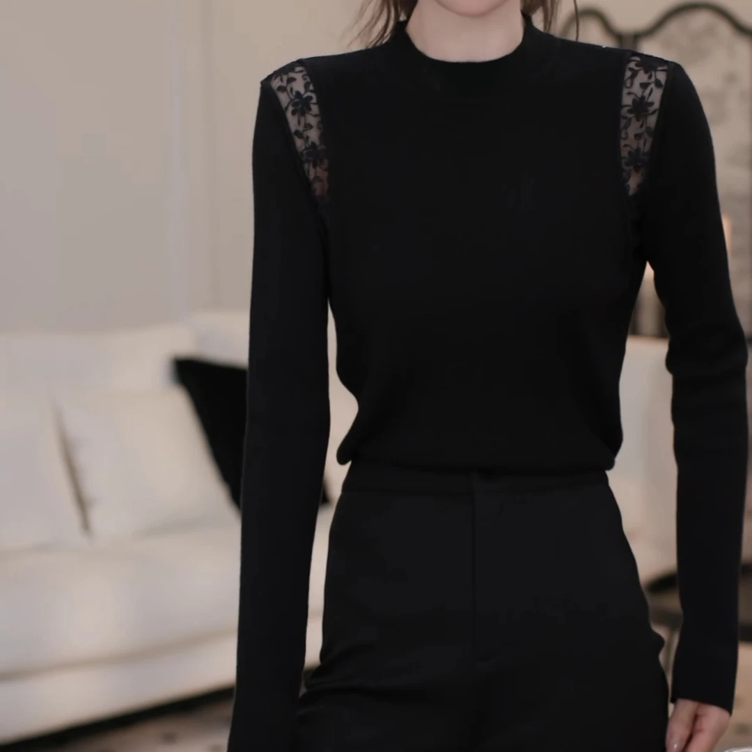 【壹伴专属】镂空气质蕾丝拼接打底衫显瘦长袖内搭上衣LK2500425