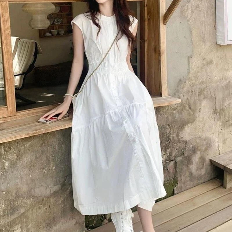 新款2025法式白色无袖显瘦中长裙气质淑女通勤度假赫本风