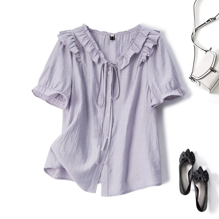 2025夏装时尚大码女装甜美法式短袖衬衫系带木耳边气质上衣64226