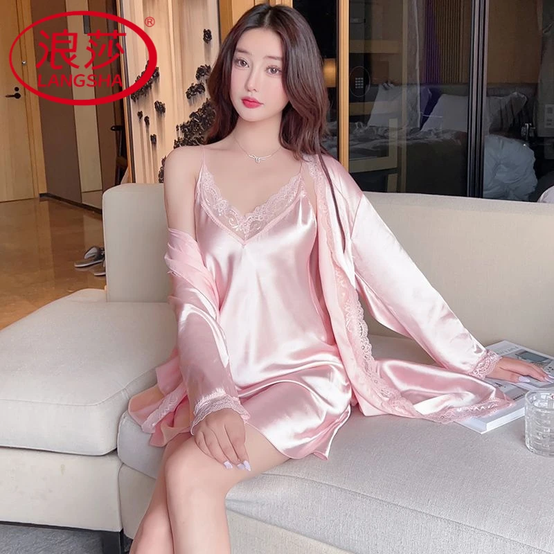 浪莎冰丝睡衣女夏性感冰丝吊带短袖两件套睡裙春秋薄款睡袍家居服