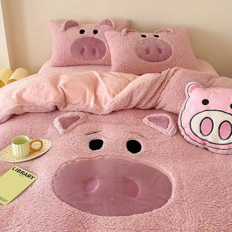 冬季床品羊羔绒套件卡通加厚床品四件套加绒可爱学生贴布三件套