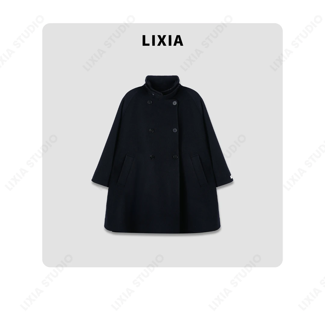 LIXIA【布里斯班】冬季时尚羊绒高支澳毛藏青色毛呢大衣外套-A8358
