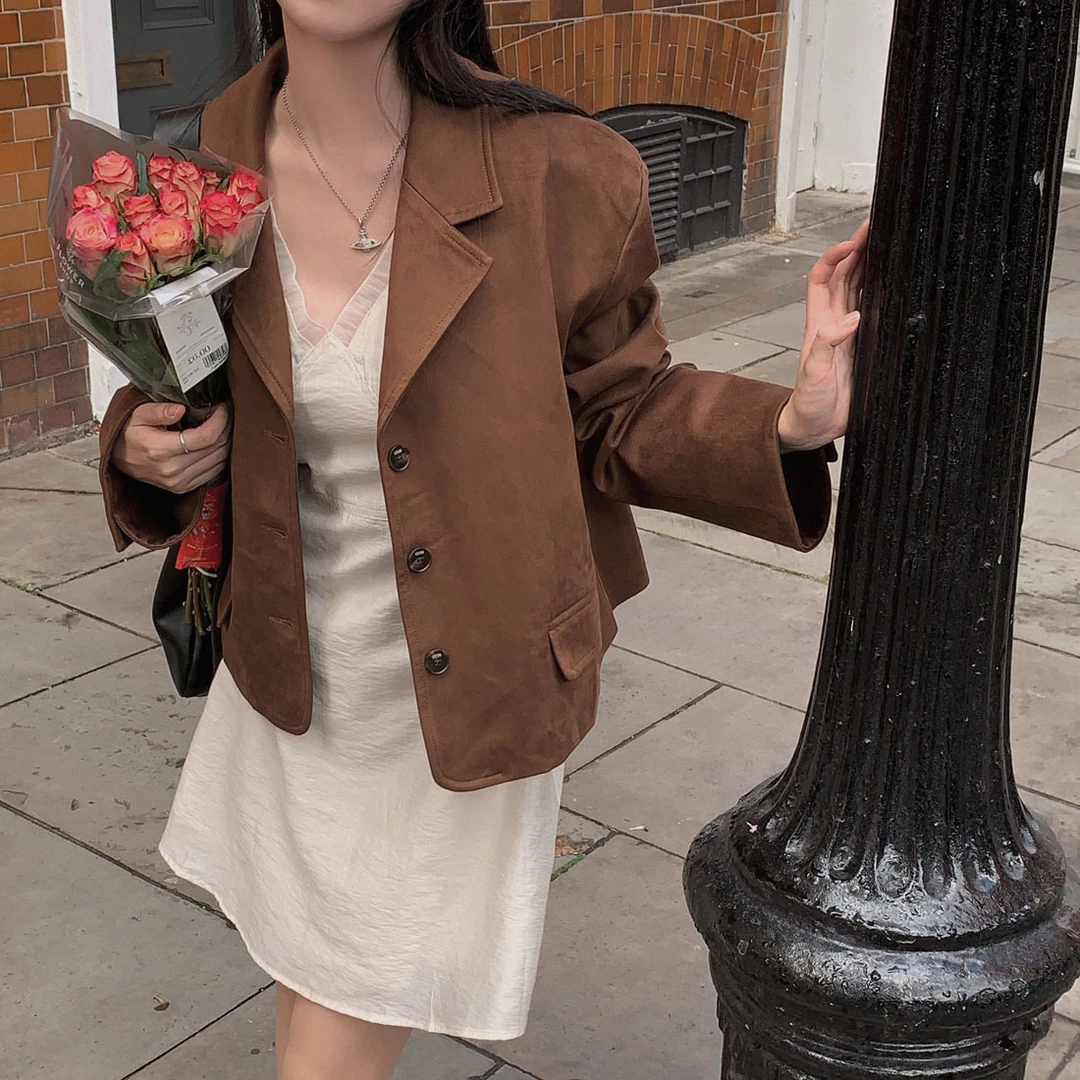 2026春季韩式INS气质法式复古做旧小众百搭通勤西装外套女装3色