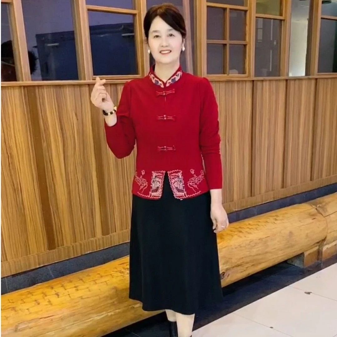新款时尚洋气新中式国风刺绣显瘦气质百搭中老年妈妈装拼接连衣裙