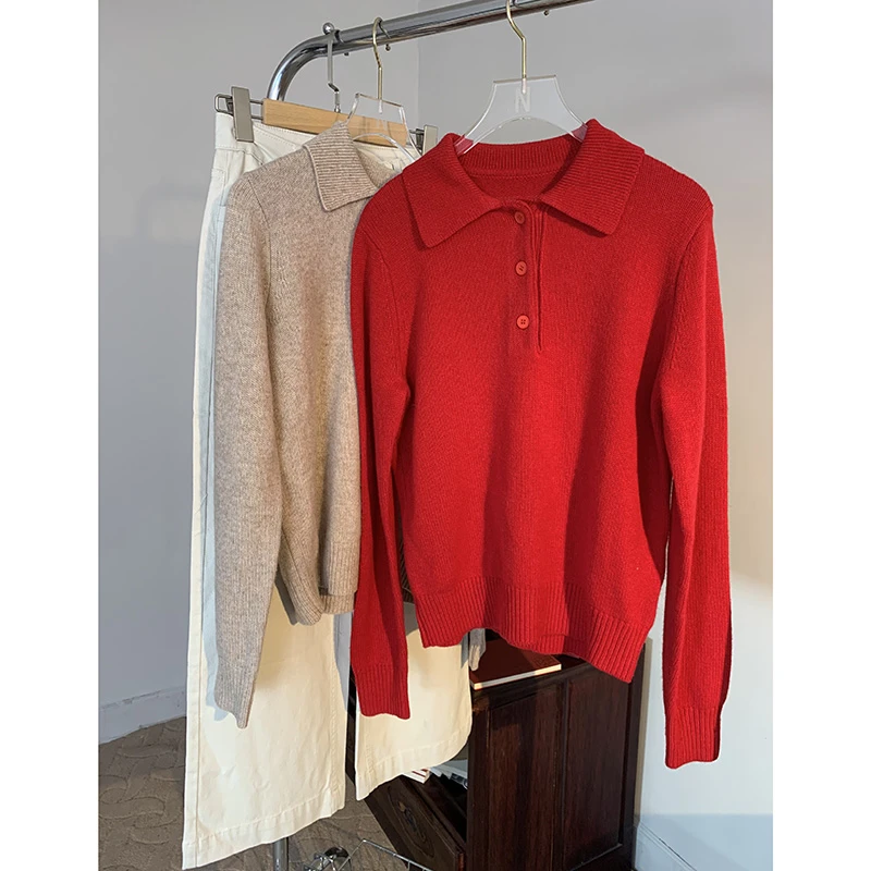 低调优雅！水溶性羊绒老钱风上衣Polo领针织衫女保暖显瘦百搭长袖