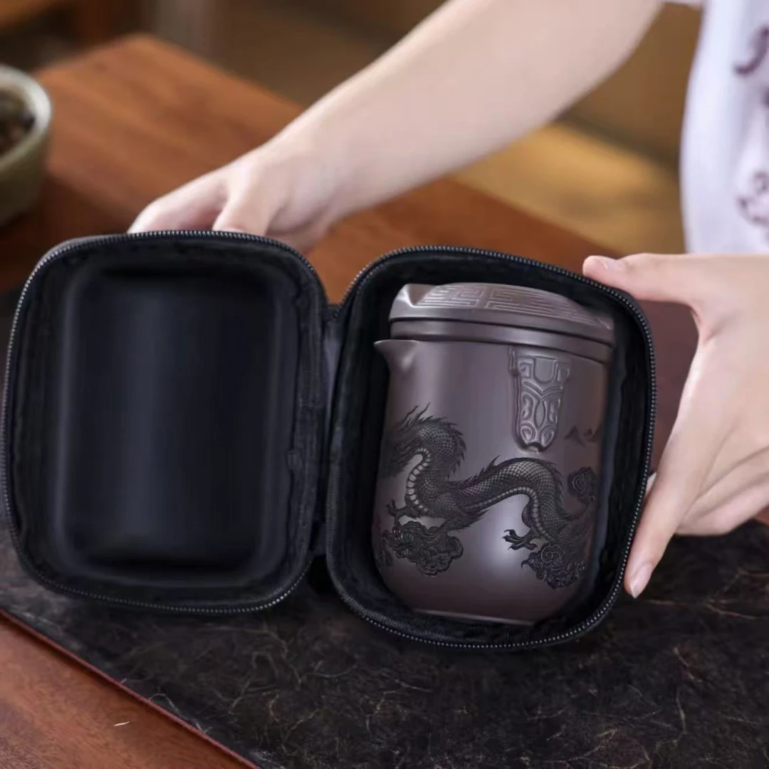 紫砂手工精雕旅行茶具套装家用防烫户外过滤高档便携式茶器过滤
