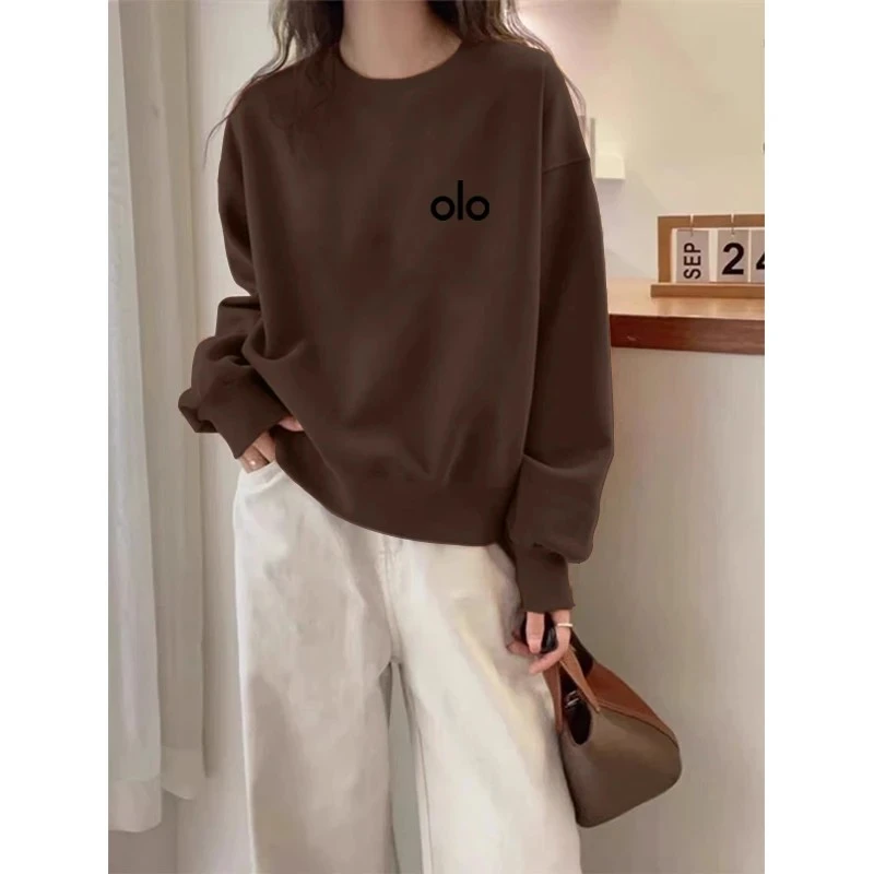 加绒加厚款无帽套头圆领卫衣女宽松休闲咖色上衣2026新款秋冬季