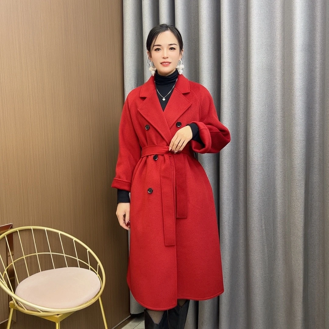 秋冬六粒扣l双面绒女士长款宽松慵懒风腰带大衣赫本风西装领9858