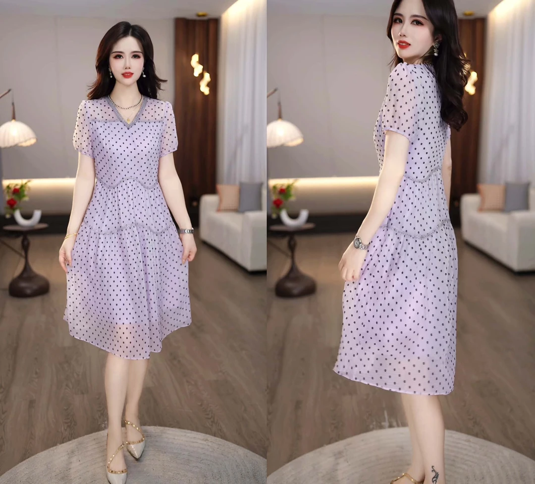 2025夏款夏日浅紫色波点气质清甜温柔清新浪漫中长款连衣裙M-4XL