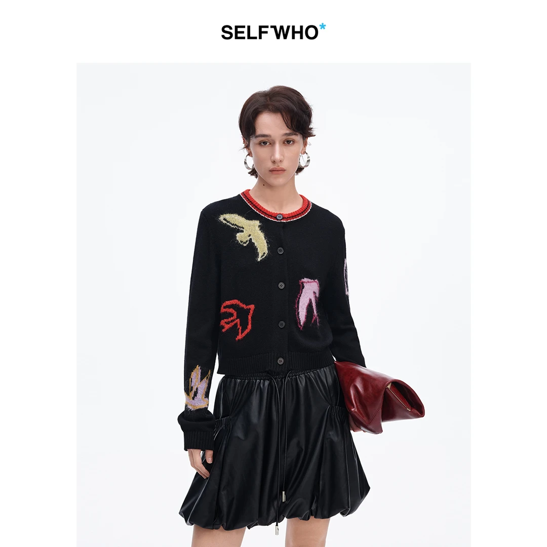 SELFWHO羊毛混纺黑色针织开衫圆领高级感燕子毛衣（S1MY010）