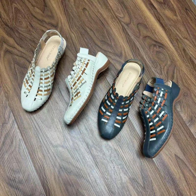 西班牙包头凉鞋女外贸原单妈妈鞋真皮编织复古中坡跟夏季2025新款