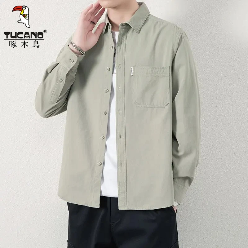 啄木鳥新款纯棉衬衫外套长袖水洗宽松衬衣美式工装男款春秋装