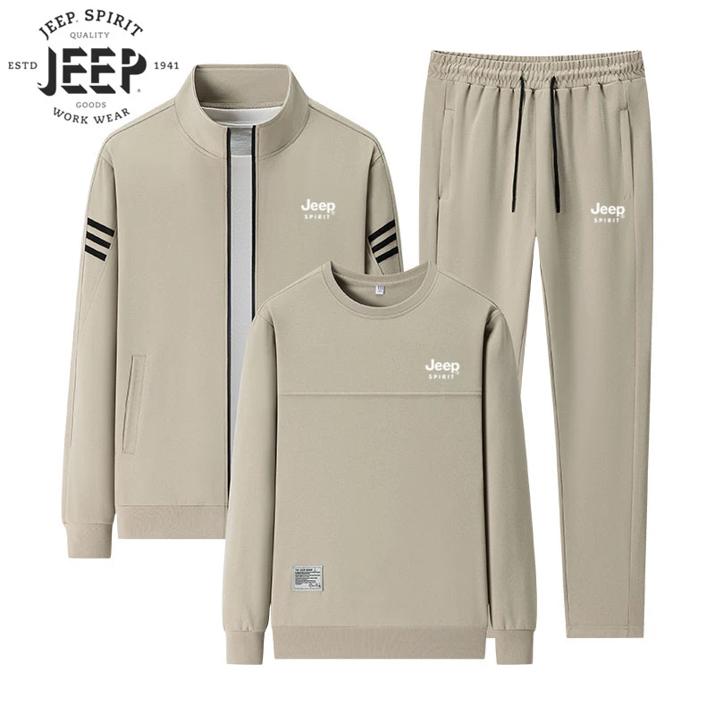 JEEP吉普运动潮牌套装男春秋季立领卫衣外套男装宽松休闲服三件套