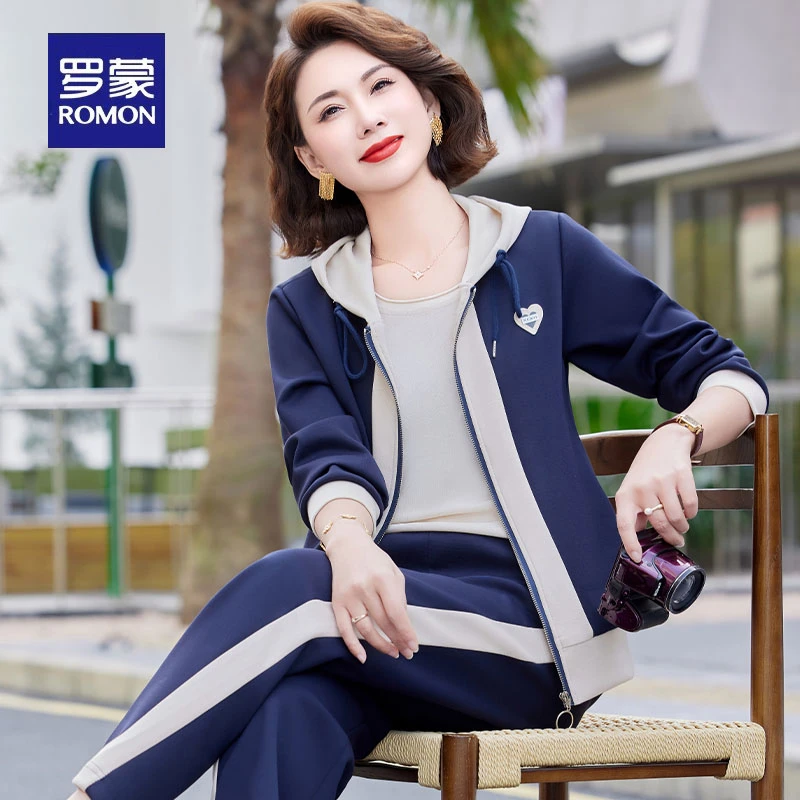 罗蒙中年妈妈秋装运动服套装2025新款中老年春秋外套休闲上衣套装