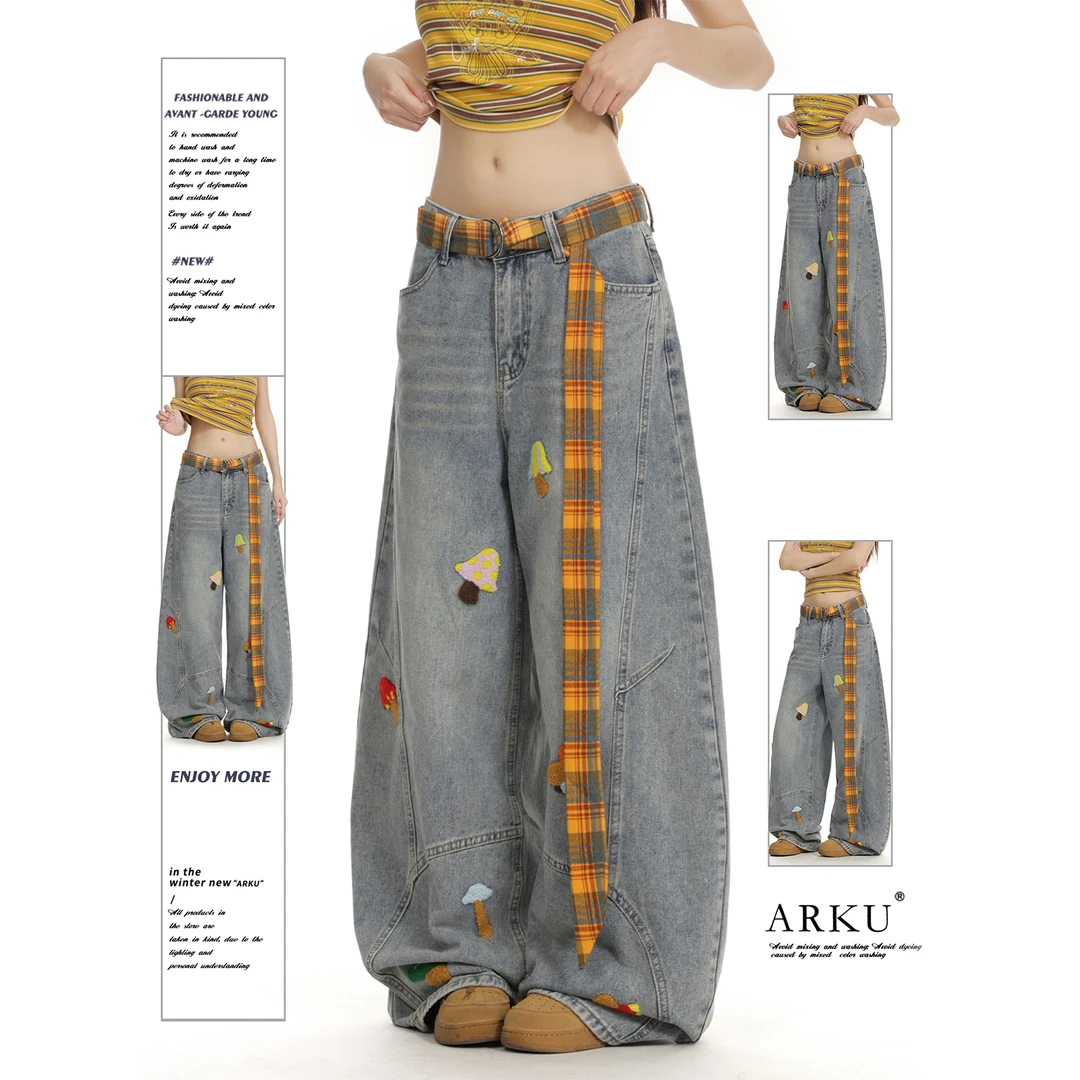 NOMIO美式复古卡通毛巾绣牛仔裤女宽松显瘦小众设计感阔腿裤