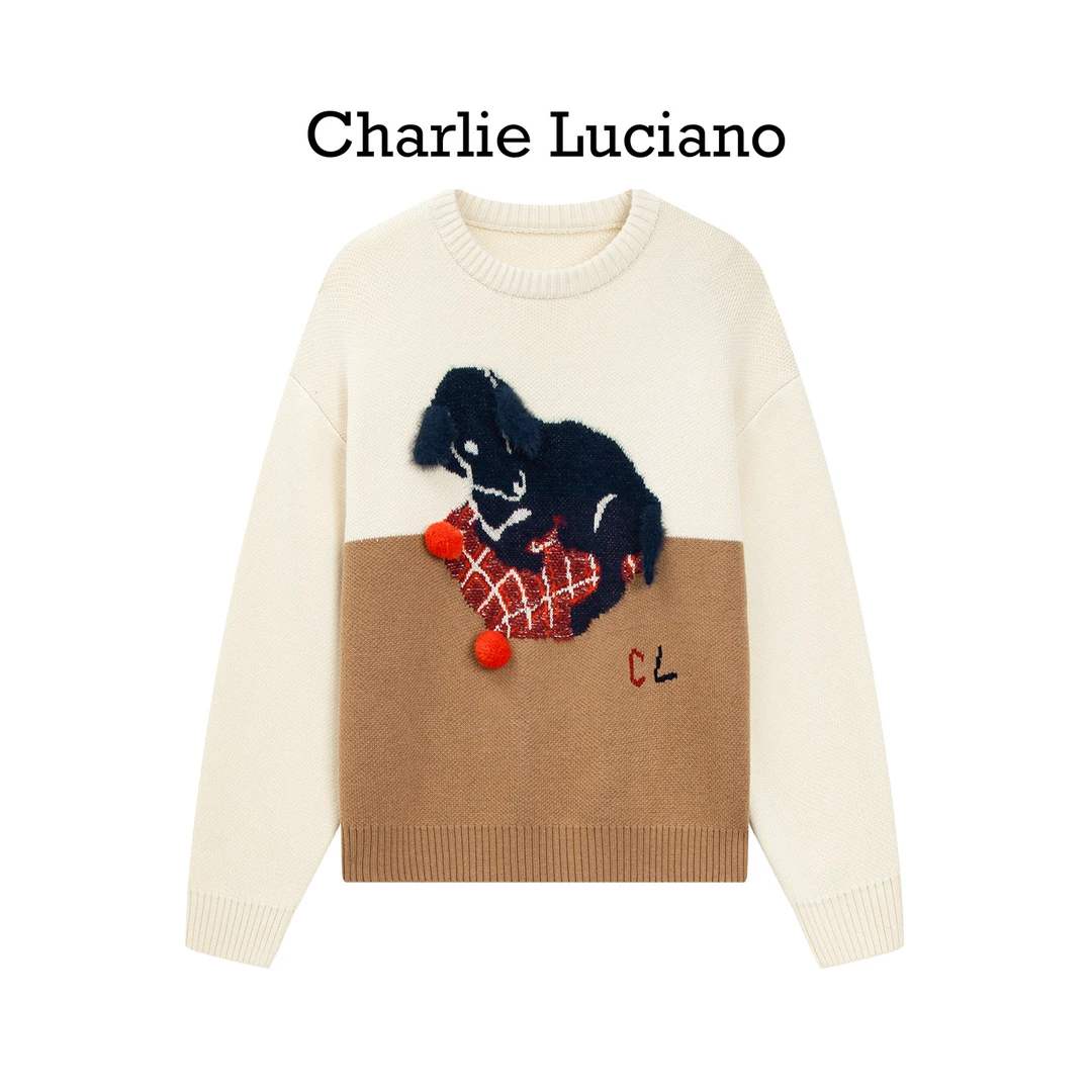 CharlieLuciano小马枕头撞色提花毛衣 米白-卡其针织时尚情侣宽松
