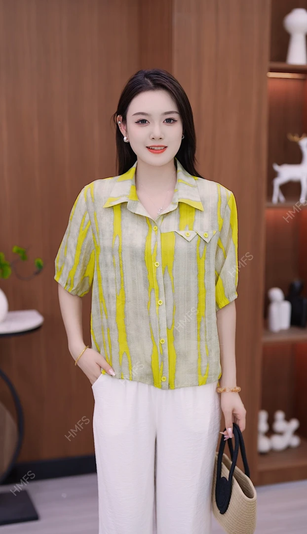 时尚条纹中袖衬衫女2025夏季新款洋气遮肉显瘦减龄百搭上衣小衫