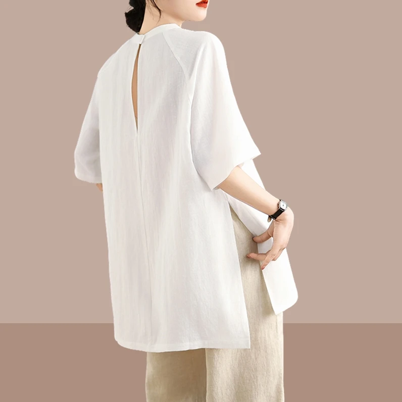 白色亚麻t恤2025夏季复古洋气款宽松设计感小众圆领显瘦别致上衣