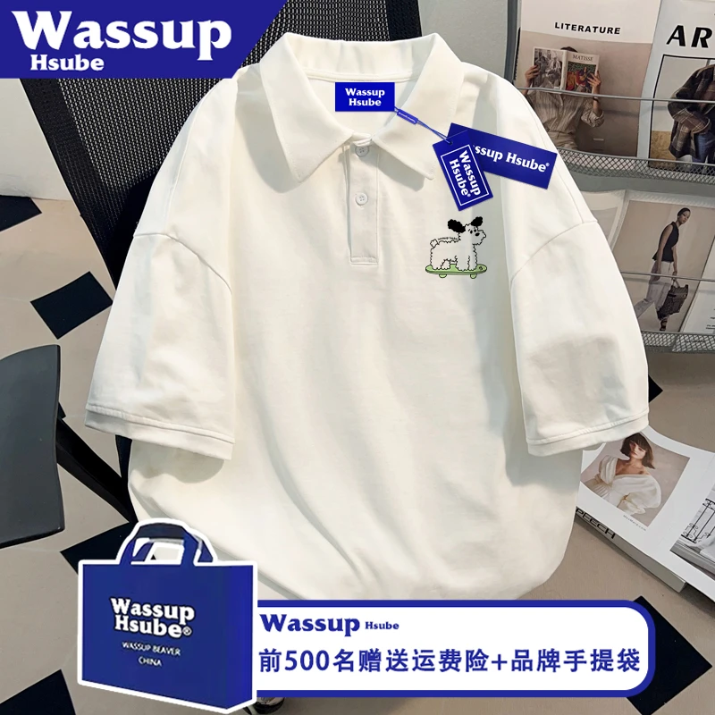 WASSUP HSUBE街头简笔小狗印花T恤ins白色男女半袖夏季纯棉POLO衫