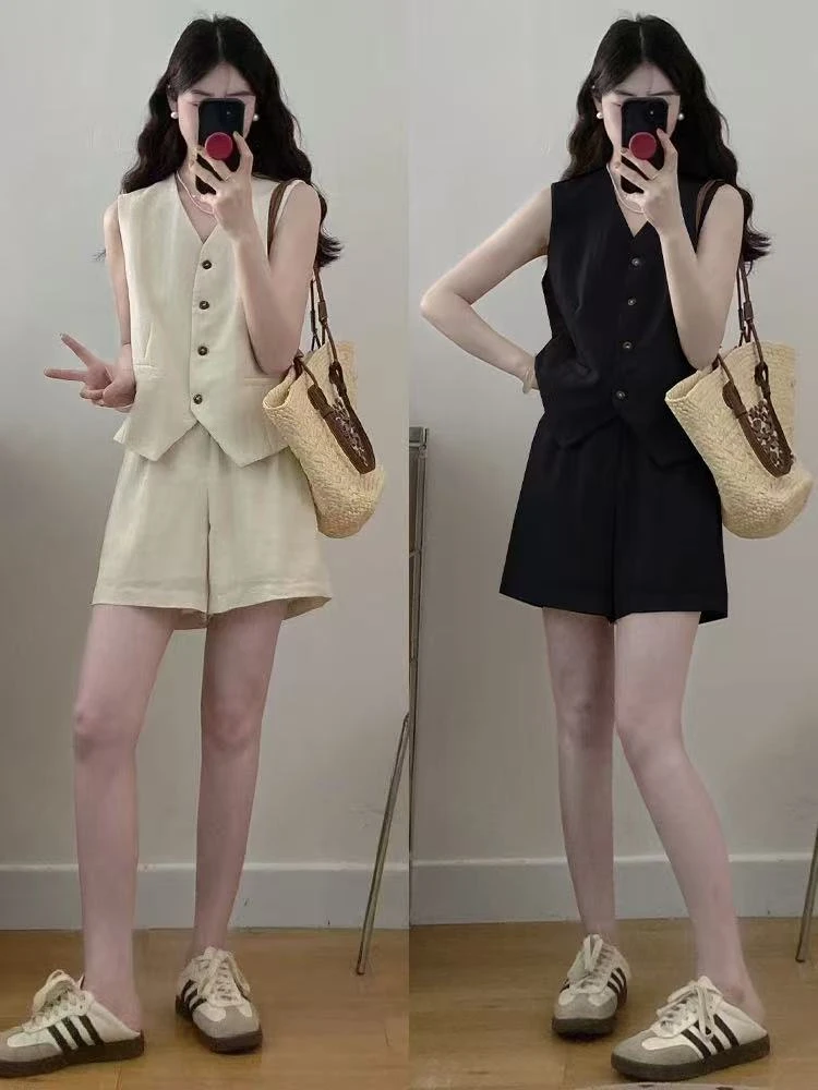 老钱风简约马甲短裤套装女2025夏季新款大码胖mm高腰显瘦时尚百搭