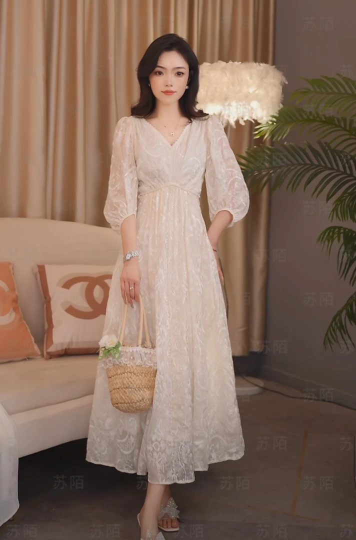 苏陌裙子女款爆款2025新款白色连衣裙白月光法式气质仙女显瘦夏季