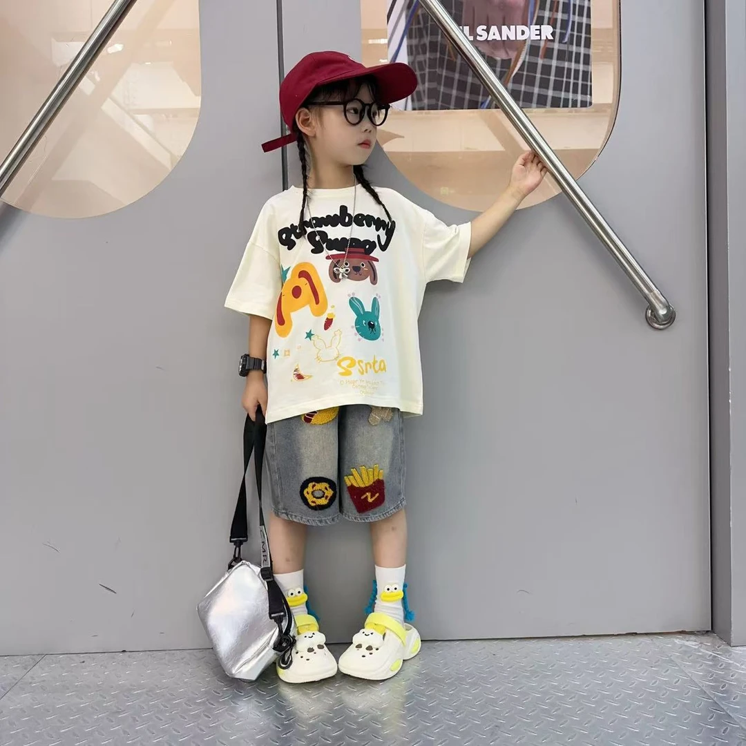 女童夏季休闲潮酷毛巾绣牛仔短裤中大童女孩宽松短袖T恤衫套装薄