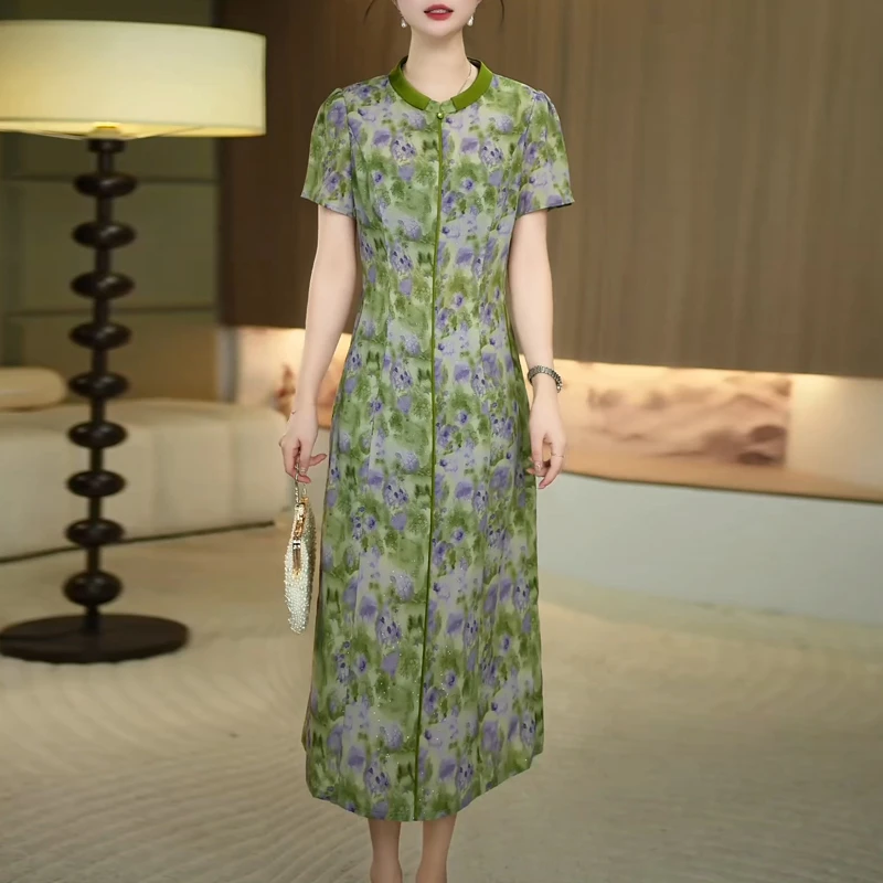 中式复古风气质连衣裙2025夏季新款女士优雅减龄显瘦遮肉中长裙子