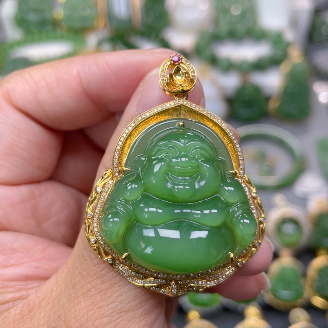 和田玉（碧玉）18K金镶嵌吊坠(不含链)