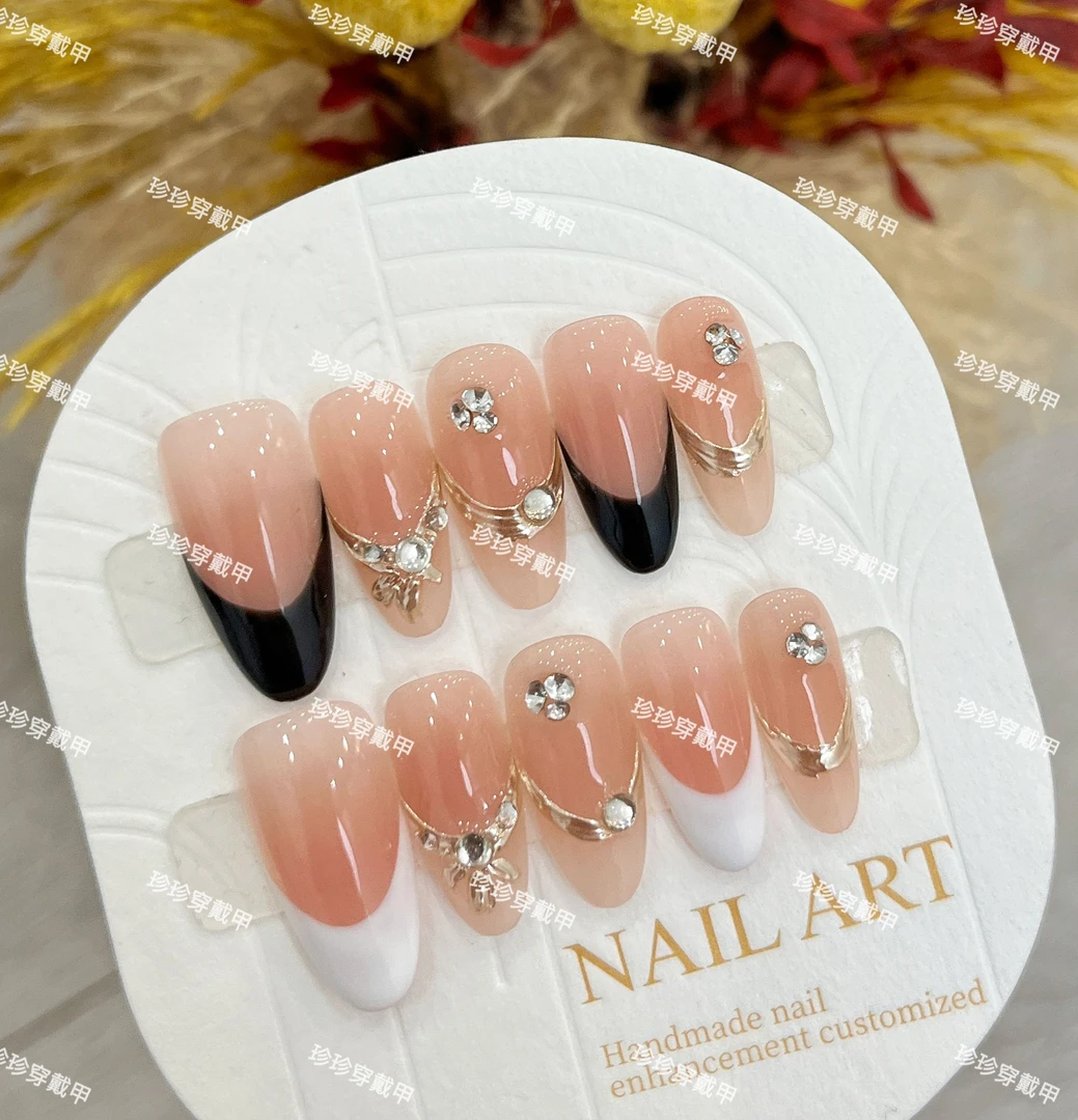 【金陵小姐】珍珍手工穿戴甲气质黑白鸳鸯法式魔镜粉造型镶钻美甲