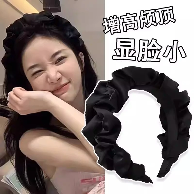 高级黑色布艺褶皱洗脸发箍宽边褶皱高颅顶带齿防滑发卡百搭发饰