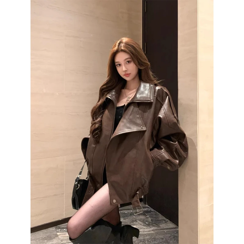 复古咖色pu皮衣外套女装春秋季爆款高级感宽松拉链立领机车服夹克