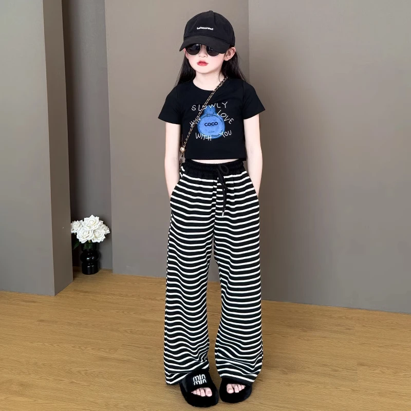 女童阔腿裤夏季2025新款洋气儿童条纹薄款长裤子女孩大童夏装套装