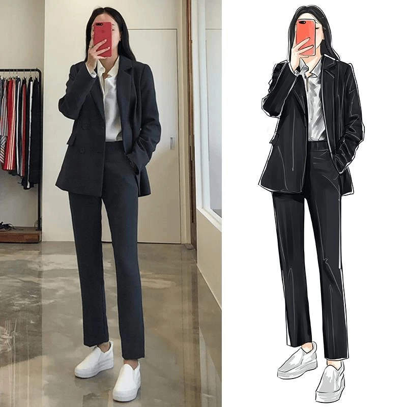 女双排扣西装套装纯色修身长袖职业装面试正装外套