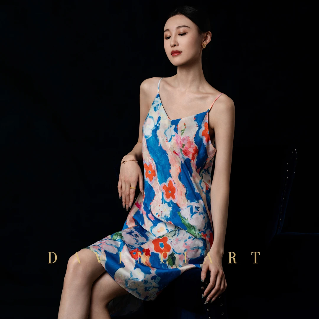 达芬奇密码【油画印花】显瘦蓝色印花新款气质性感睡裙女大学生睡衣