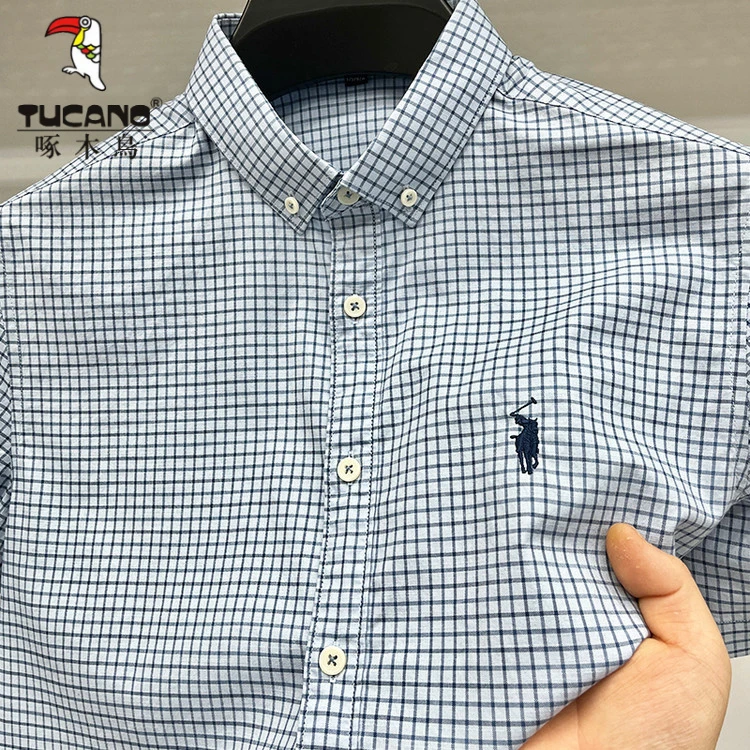 啄木鸟格纹短袖男款常规款男装潮流夏季衬衫男士格子格子衬衫刺绣