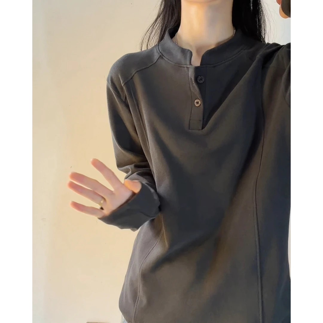 双面德绒打底衫男士纽扣亨利领长袖T恤秋冬季保暖内搭上衣服