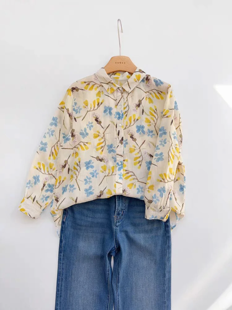 绿色麻料碎花衬衫 天然高支苎麻印花小衫 夏季薄款宽松百搭女上衣