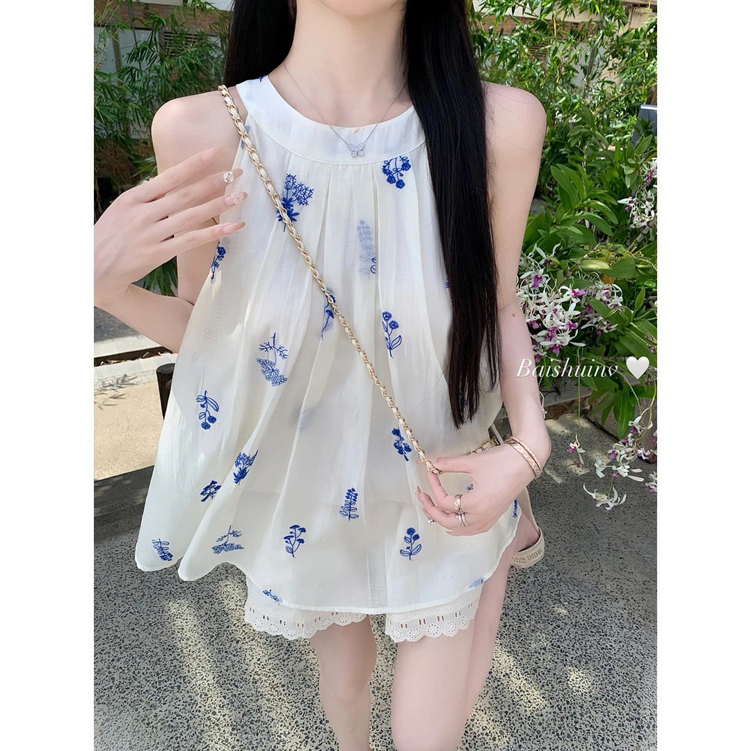 白水女 miu公主 法式绣花挂脖雪纺衫女高级感别致小上衣B50450002