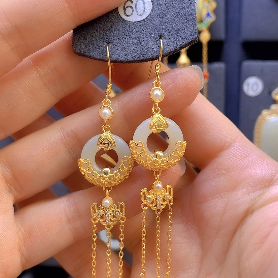 和田玉耳饰银S925镀金镶嵌