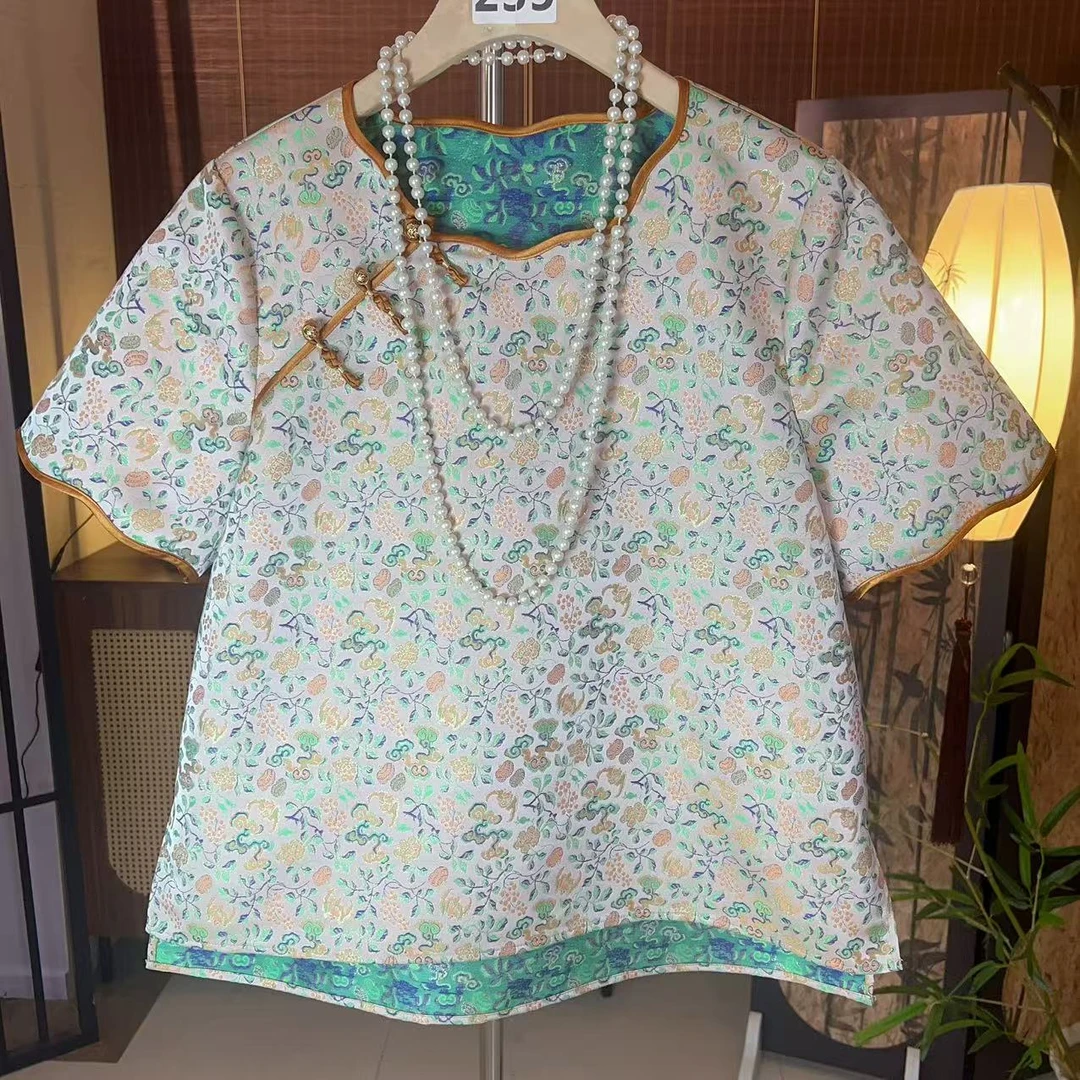 桑蚕丝改良斜襟盘扣宋锦提花新中式衬衫女短袖2025夏季新款国风