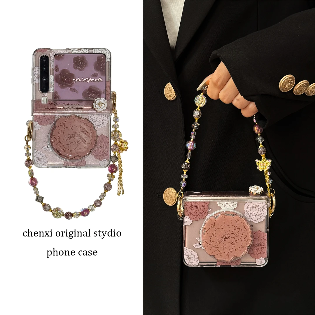 适用华为purax典藏版折叠屏手机壳pocket2棕色山茶花磁吸支架