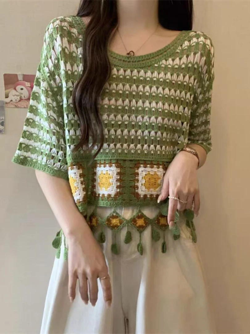 夏季手工钩花针织衫镂空编织复古百搭休闲时尚网红提花花色纯手工