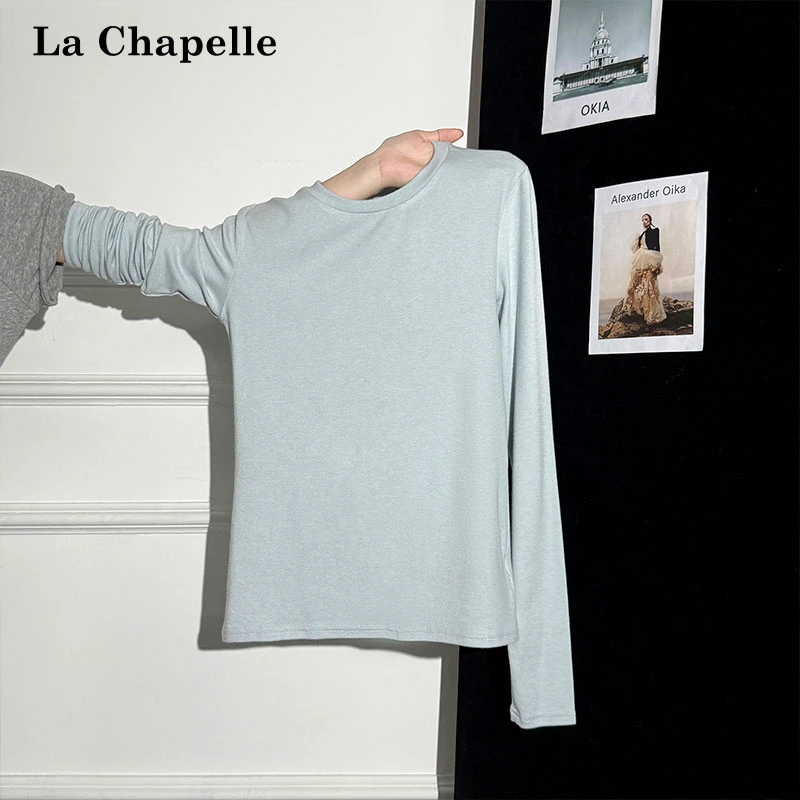 拉夏贝尔慵懒风纯色基础款圆领长袖T恤女秋季松弛感修身百搭上衣