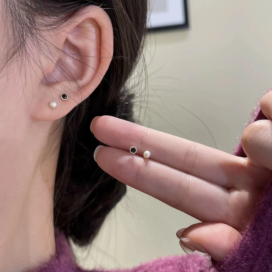 铜合金耳饰 精致简约百搭珠珠小耳钉女新款潮两件套黑色耳饰E1149