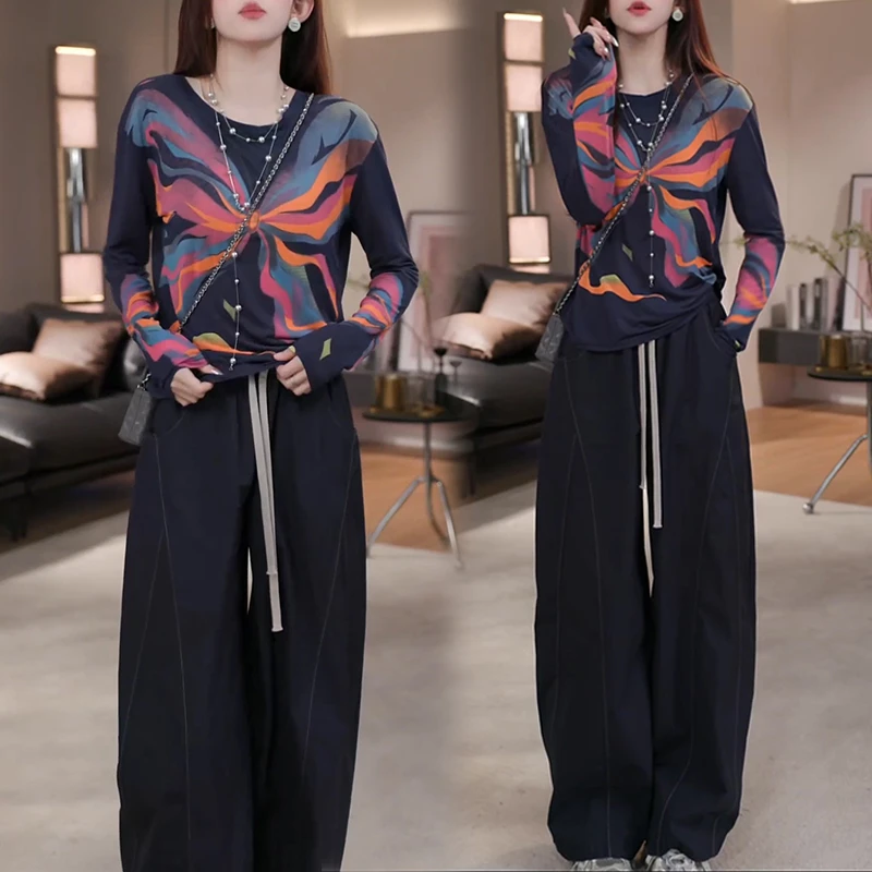 今年流行复古时尚套装女2025年春秋新款扎染长袖t恤休闲裤两件套